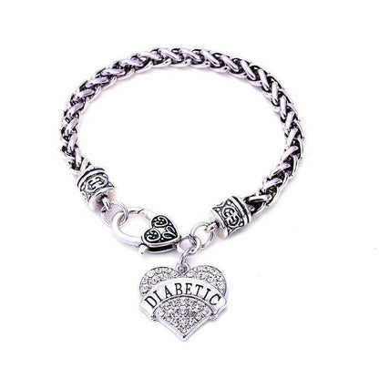Womens Diabetic Medical Alert ID Bracelet - Pink, Blue, Clear or Red Crystal Hearts - Diabetes