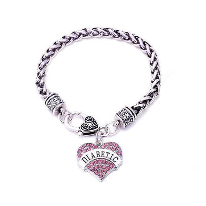 Womens Diabetic Medical Alert ID Bracelet - Pink, Blue, Clear or Red Crystal Hearts - Diabetes