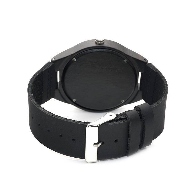 Mens Black Wooden Watch With Real Leather - Quartz, Natural Ebony Wood