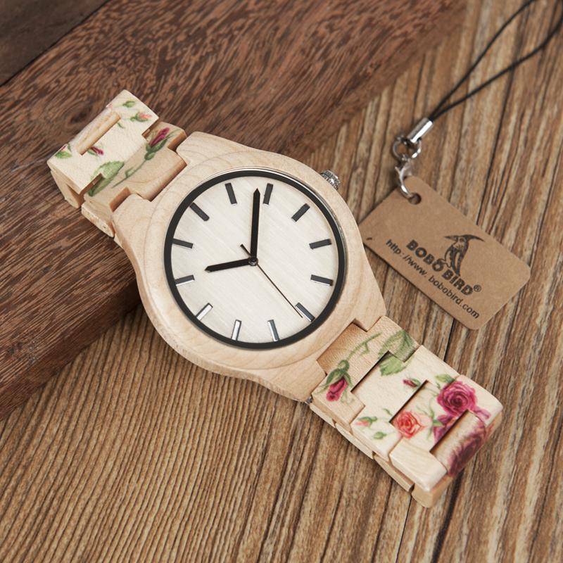 Pine Watch With Floral Wooden Strap - Flower Wood Band