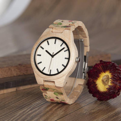 Pine Watch With Floral Wooden Strap - Flower Wood Band