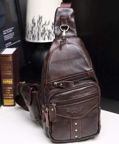 Genuine Leather Chest Sling Back Pack with Rivets