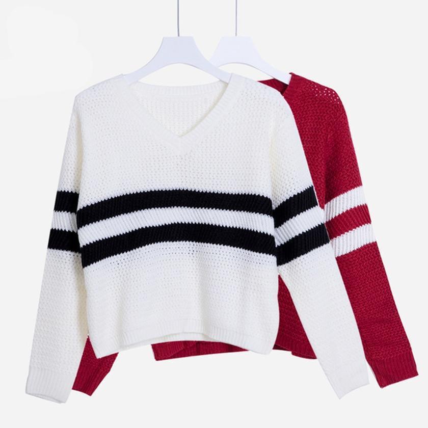 V-neck Crop Top Striped Sweater