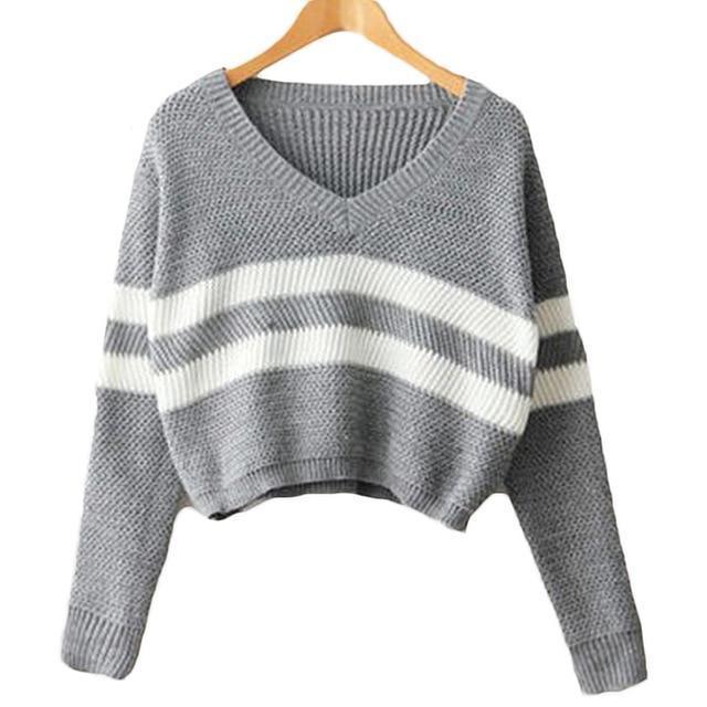 V-neck Crop Top Striped Sweater