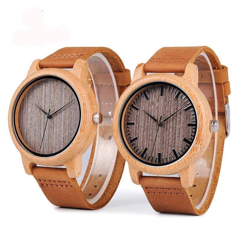 Vintage Round Bamboo Wooden Quartz Watch With Leather Bands