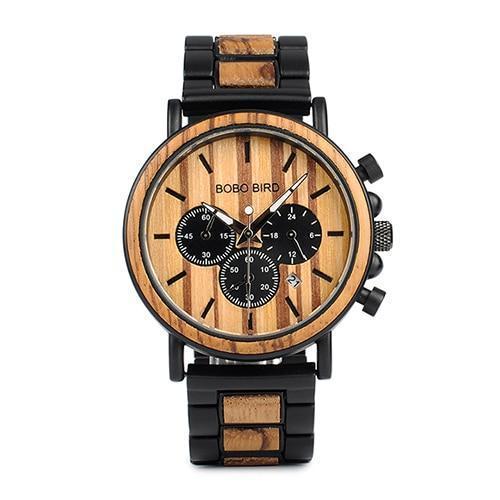 Wood and Stainless Steel Wooden Watch w/ Luminous Hands Mens Quartz Wristwatch