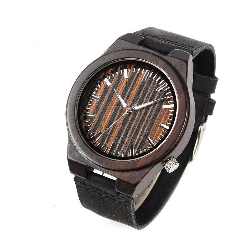 Men's Ebony Wooden Watch with Wood Face and Leather Band