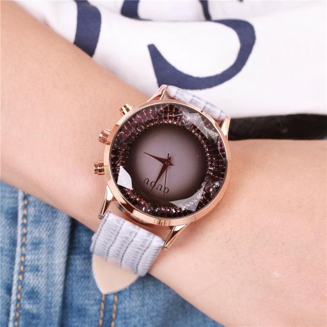 Grey Luxury Diamond Genuine Leather Ladies Watch