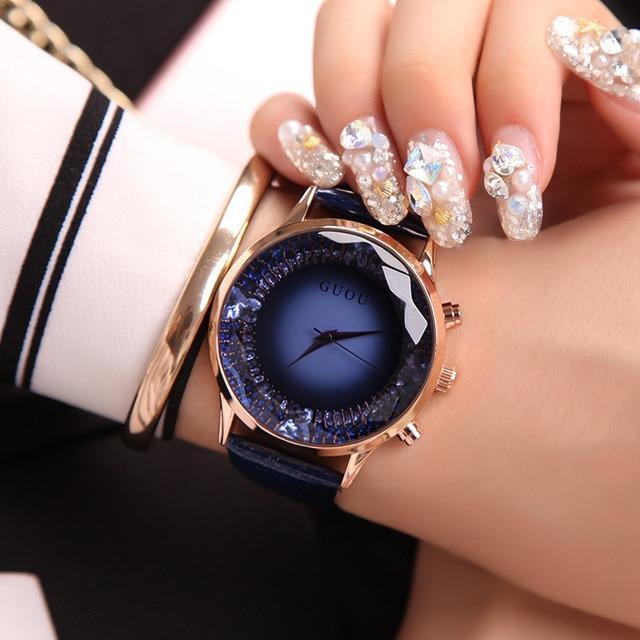 Midnight Blue Luxury Diamond (Synthetic) Genuine Leather Ladies Watch