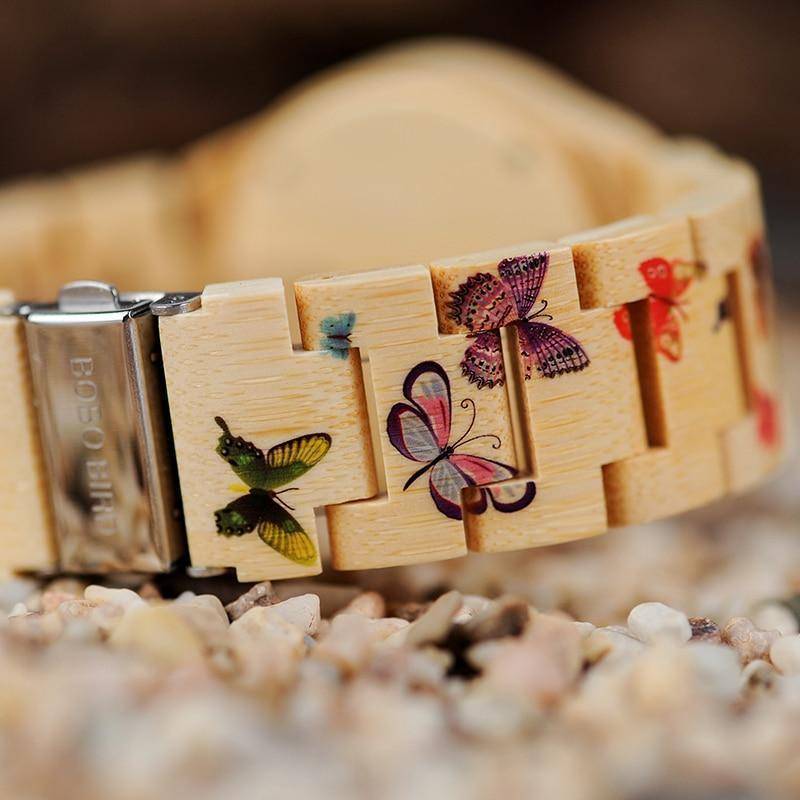 Butterfly Ladies Wooden Watch With Painted Butterflies in Wood Gift Box