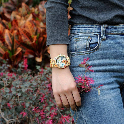 Butterfly Ladies Wooden Watch With Painted Butterflies in Wood Gift Box