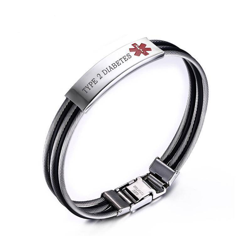 Mens Diabetic Medical Alert ID Bracelet - Banded Stainless Steel - For Type 1 and Type 2 Diabetes