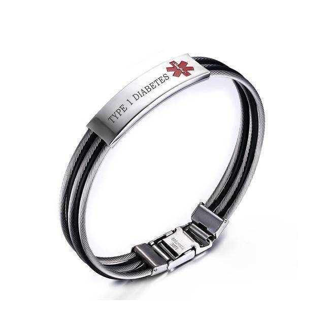 Mens Diabetic Medical Alert ID Bracelet - Banded Stainless Steel - For Type 1 and Type 2 Diabetes