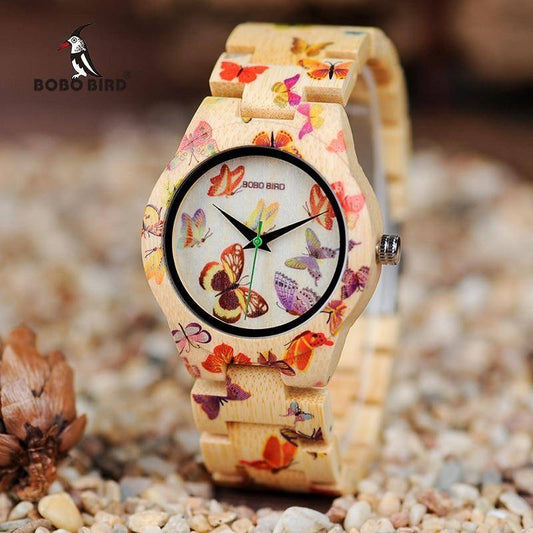 Butterfly Ladies Wooden Watch With Painted Butterflies in Wood Gift Box