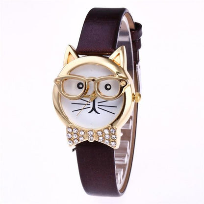 Attractive Funky Glasses Cat With Studded Stones And Genuine Leather Bracelet Women Watch