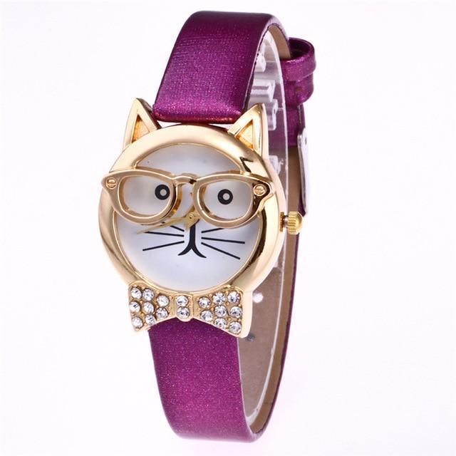 Attractive Funky Glasses Cat With Studded Stones And Genuine Leather Bracelet Women Watch