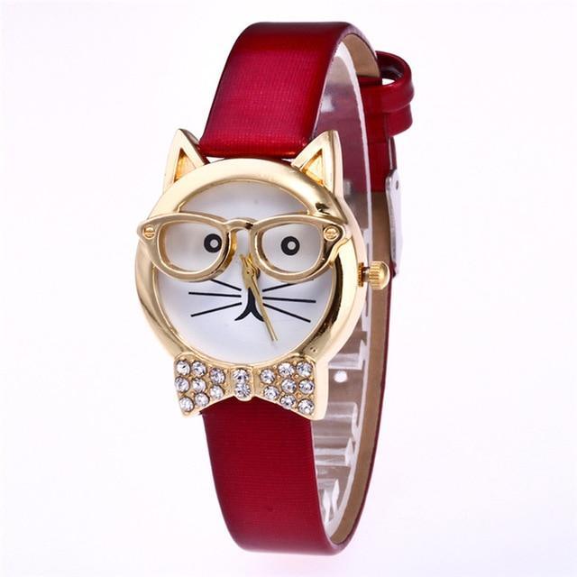 Attractive Funky Glasses Cat With Studded Stones And Genuine Leather Bracelet Women Watch