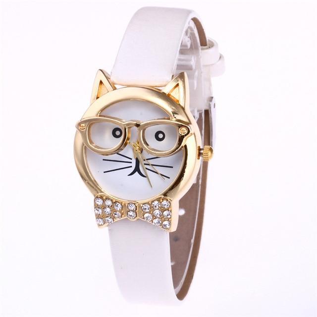 Attractive Funky Glasses Cat With Studded Stones And Genuine Leather Bracelet Women Watch