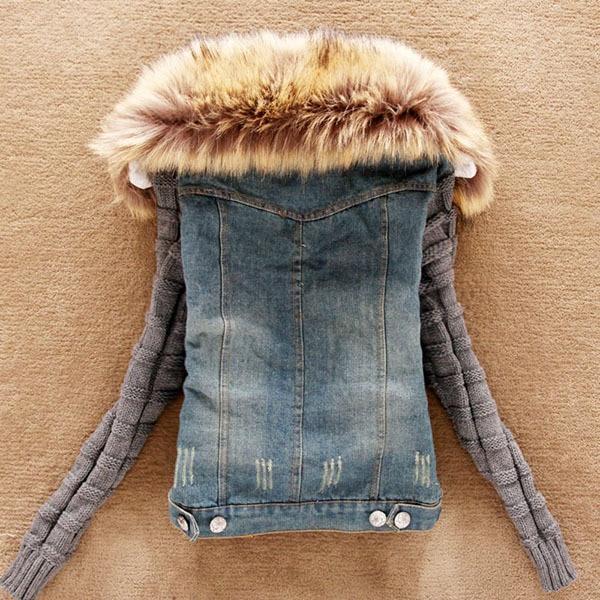 Distressed Denim Jacket With Fur Collar