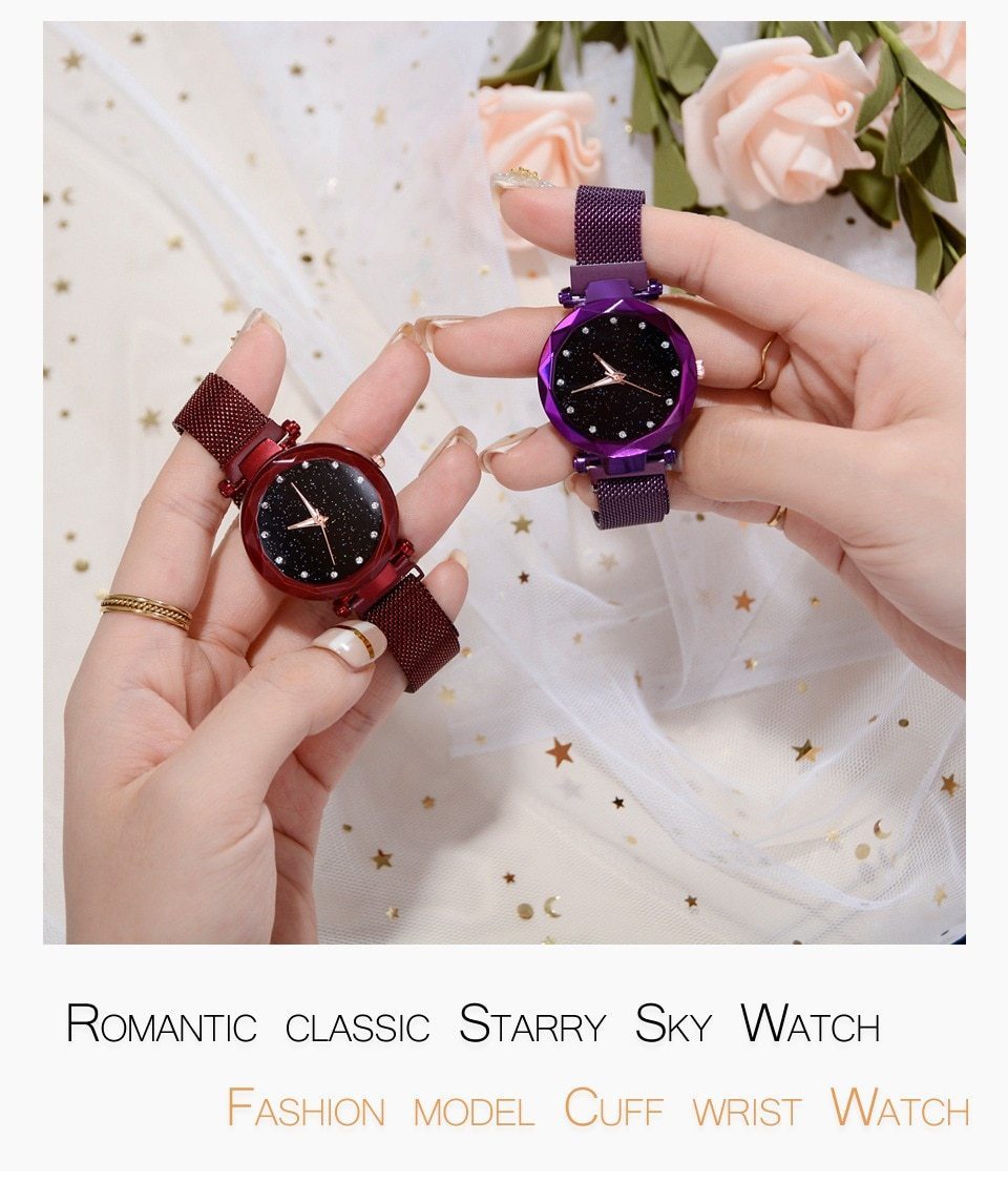 Fashionable Unique Mesh Magnet Buckle Exotic Starry Diamond Designer Luxury Ladies  Women Watch