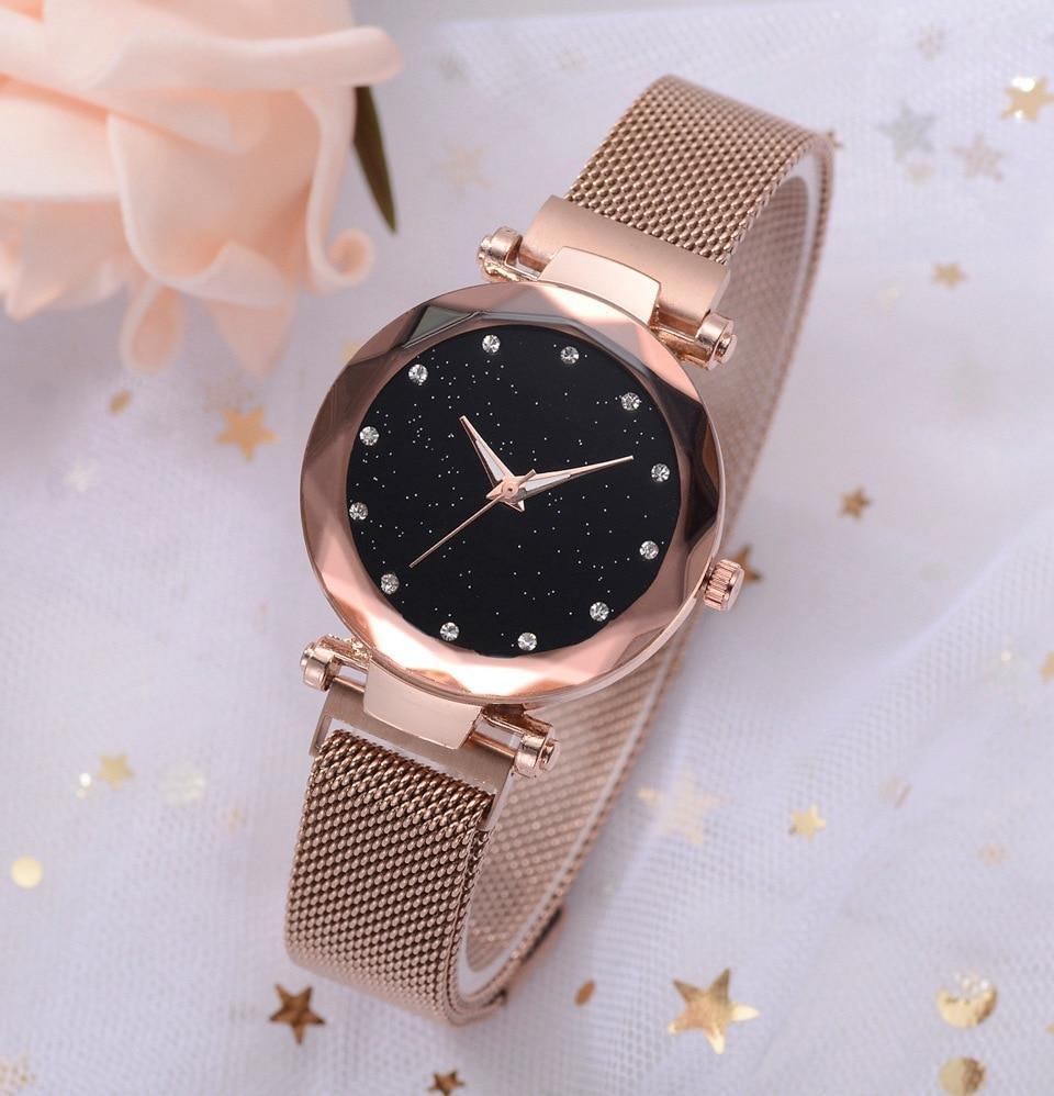 Fashionable Unique Mesh Magnet Buckle Exotic Starry Diamond Designer Luxury Ladies  Women Watch