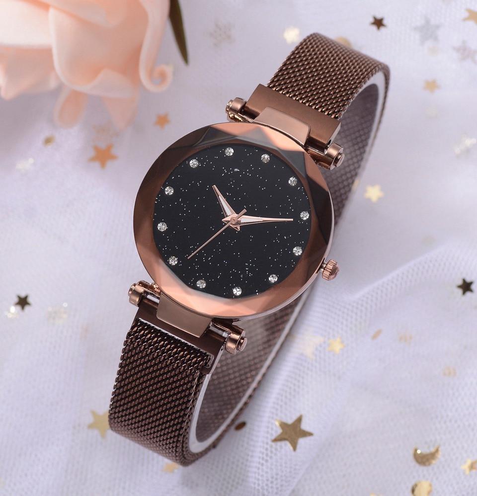 Fashionable Unique Mesh Magnet Buckle Exotic Starry Diamond Designer Luxury Ladies  Women Watch