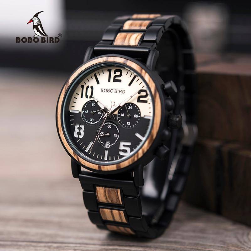 Wooden Stainless Steel Watch Mens Water Resistant Chronograph