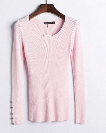 Autumn winter pure color full length sleeve round collar pullovers elastic skinny women sweaters