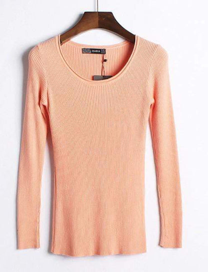 Autumn winter pure color full length sleeve round collar pullovers elastic skinny women sweaters