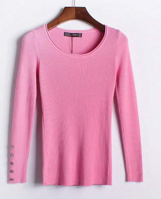 Autumn winter pure color full length sleeve round collar pullovers elastic skinny women sweaters