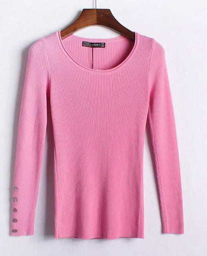 Autumn winter pure color full length sleeve round collar pullovers elastic skinny women sweaters