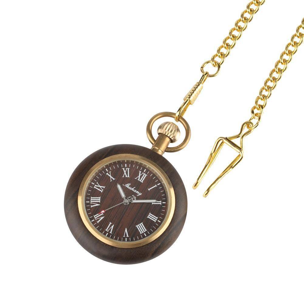 Mens Bamboo Case Pocket Watch - Wooden Dial Simple and Fashionable