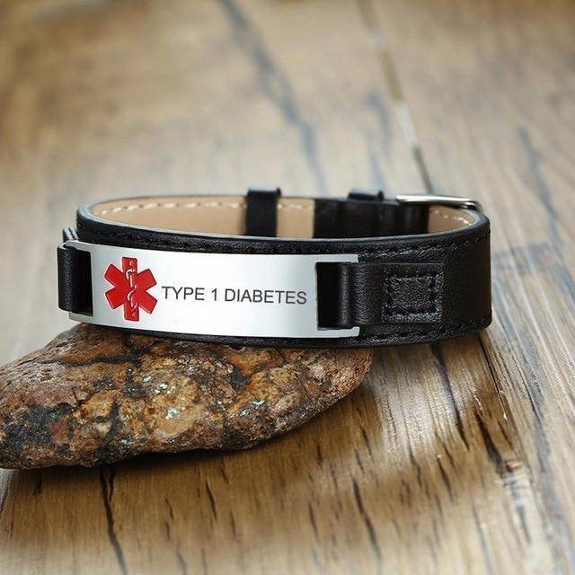 Diabetic Medical Alert ID Bracelet for Men, Genuine Leather For Type 1 and Type 2 Diabetes