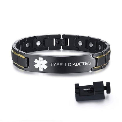 Mens Diabetic Medical Alert ID Bracelet - Black Stainless Steel - For Type 1 and Type 2 Diabetes