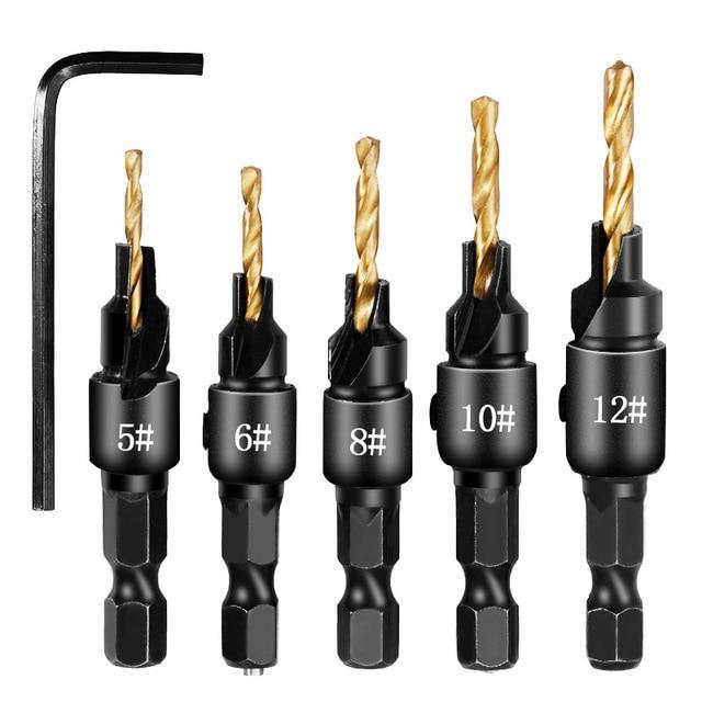 Greatest 5pcs Countersink Drill Woodworking Drill Bit Set Drilling Pilot Holes For Screw Sizes #5 #6 #8 #10 #12