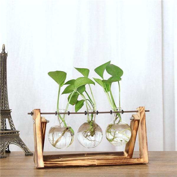 Glass Bulb Vase with Wooden Stand