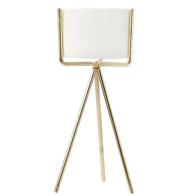 White Ceramic Planter with Metal Stand